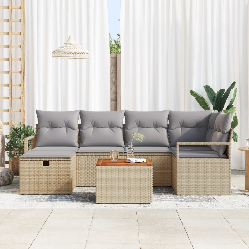 Set Divano da Giardino in 7 Pezzi con Cuscini Beige Polyrattan