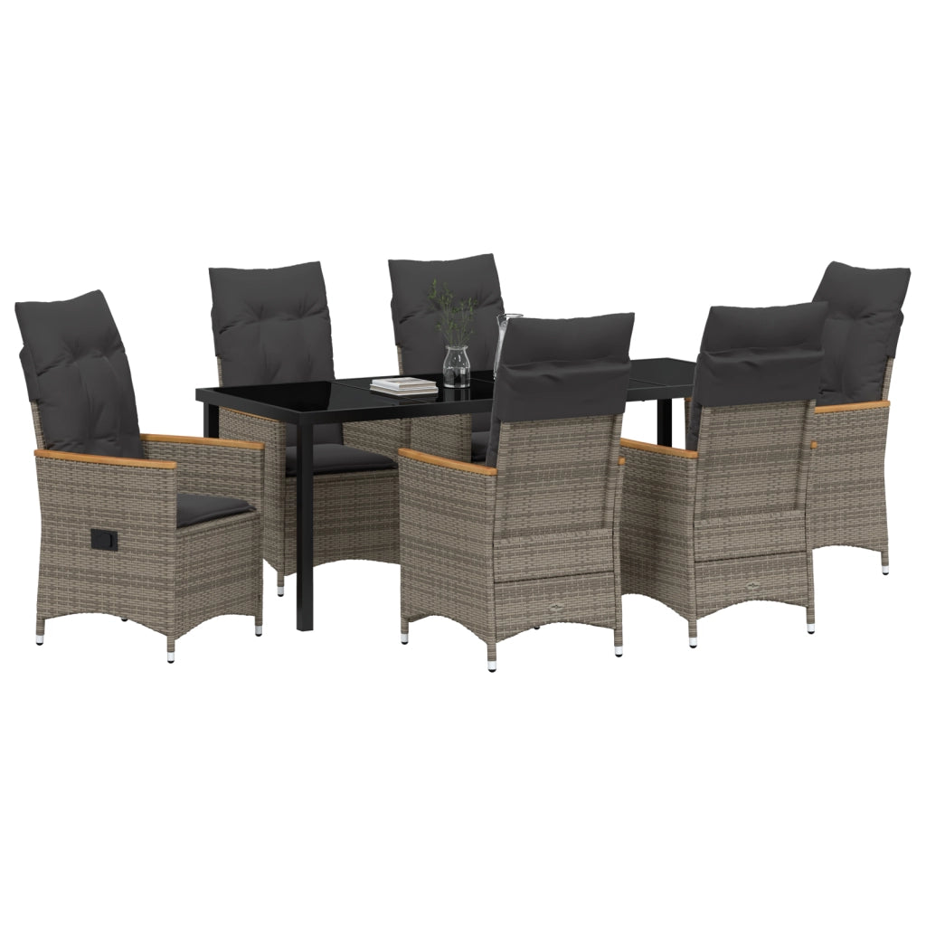 Set da Giardino 7 Pezzi con Cuscini Grigi in Rattan Poliestere