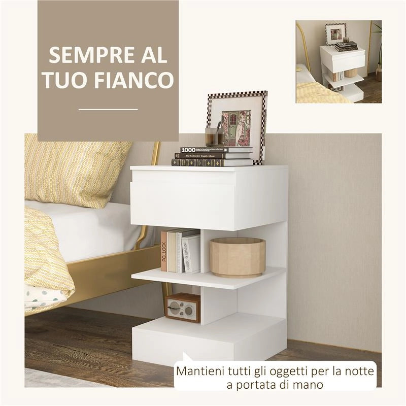 COMODINO MODERNO IN TRUCIOLATO E MDF CON UN CASSETTO E 2 RIPIANI, 39X39X65 CM, BIANCO