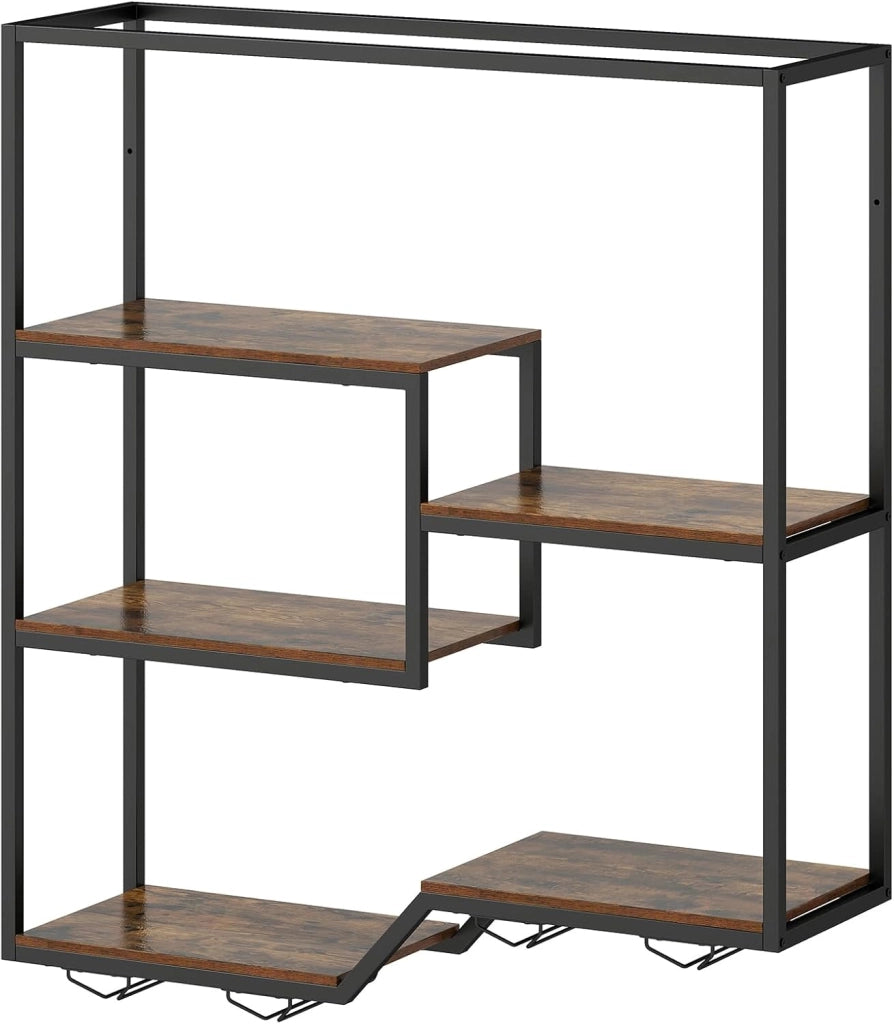 Portabottiglie da Parete, Portabottiglie di Vino Industriale in Metallo e Legno con 6 Mensole a Doppio Lato, Espositore Cantinetta Sospeso per Bar, Cucina e Ristorante, 102 x 30 x 112 cm
