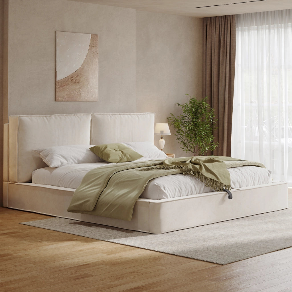 Letto contenitore matrimoniale 160 × 200 cm con testiera imbottita, contenitore idraulico, senza materasso, beige