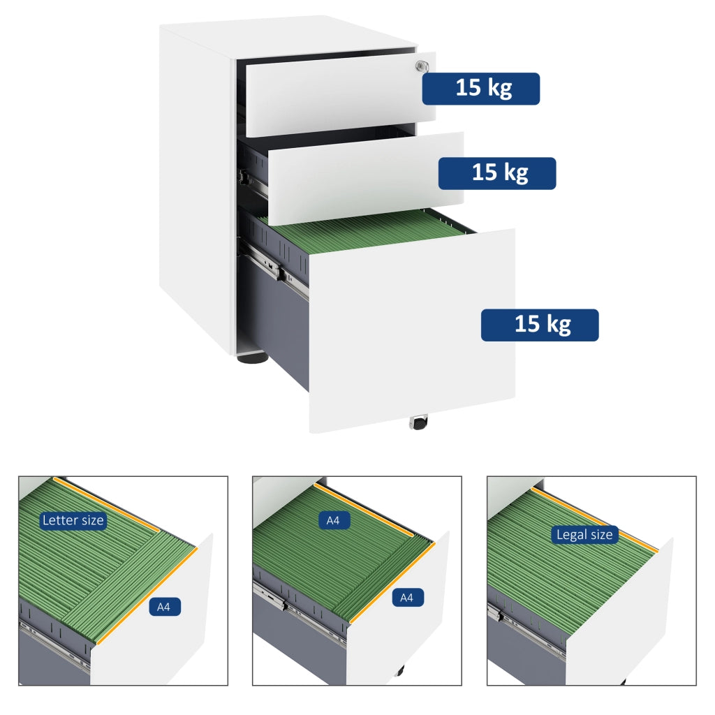 Rollcontainer mobile con 3 cassetti, armadietto ufficio in acciaio bianco, 39x48x59 cm