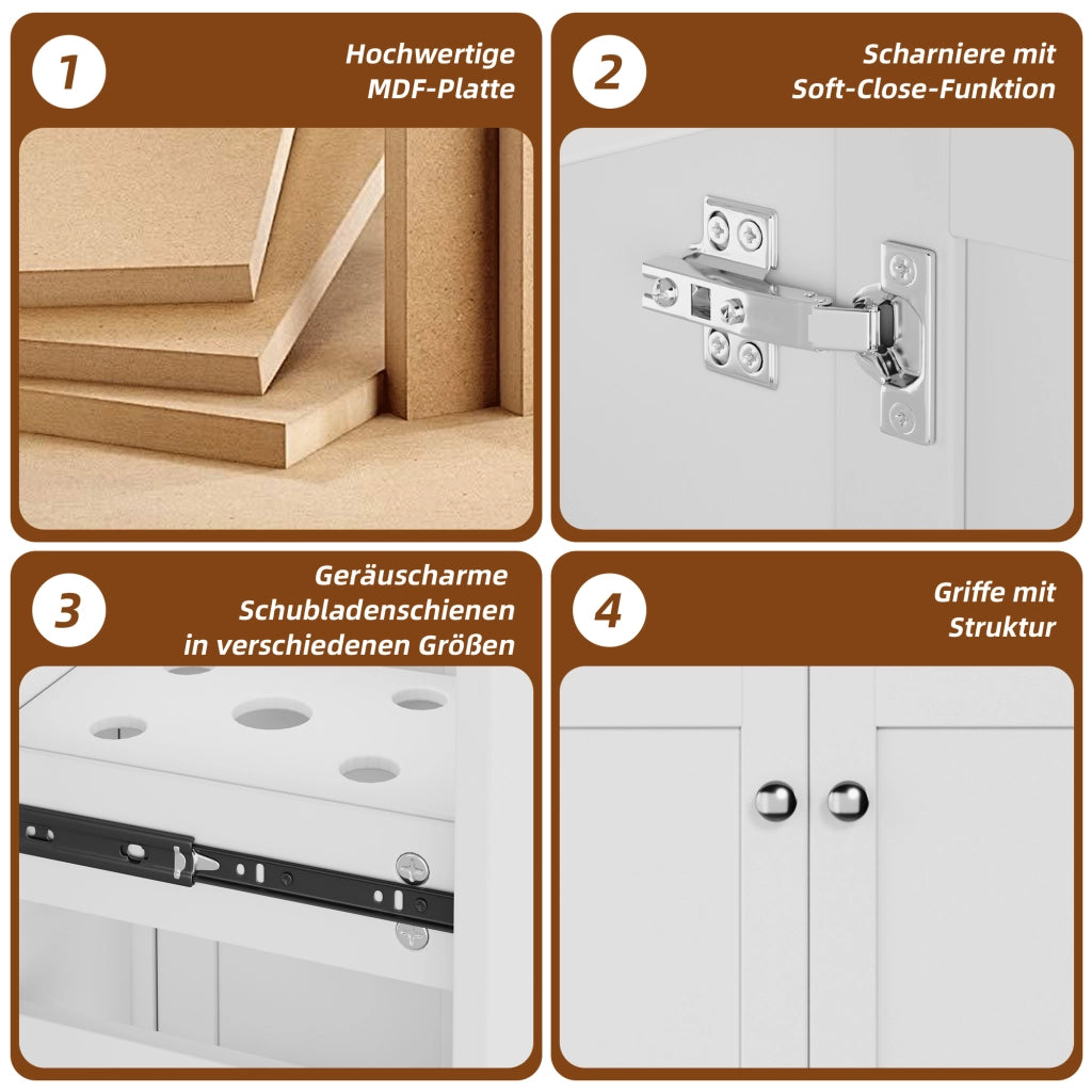 Mobile sottolavabo con 1 anta, 3 cassetti, lavabo in ceramica e chiusura ammortizzata per bagno bianco 76 × 47 × 86 cm