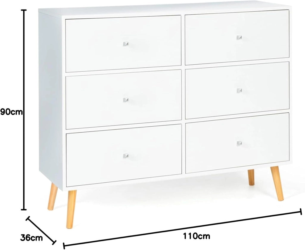 EMMIE 110 cm Cassettone scandinavo bianco a 6 cassetti