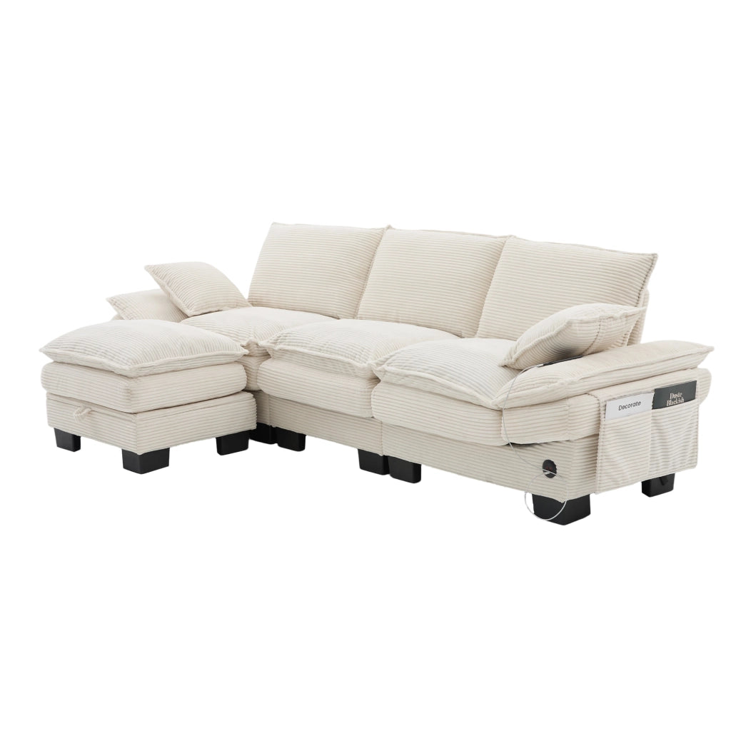 Divano 3 Posti con Poggiapiedi in Tessuto a Coste ¨C MINIMAL ¨C Beige, Cuscini, Braccioli