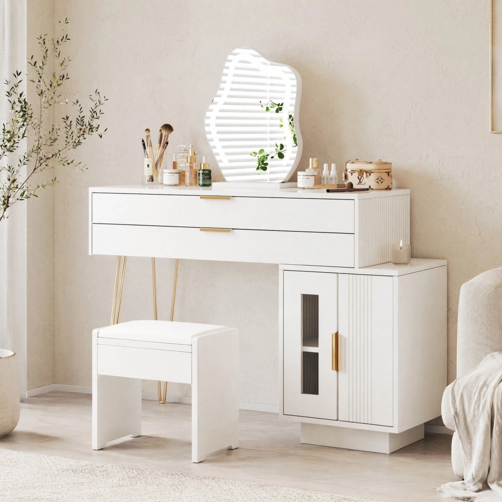 Toeletta bianca con specchio LED a 3 luci, due cassetti e design scorrevole
