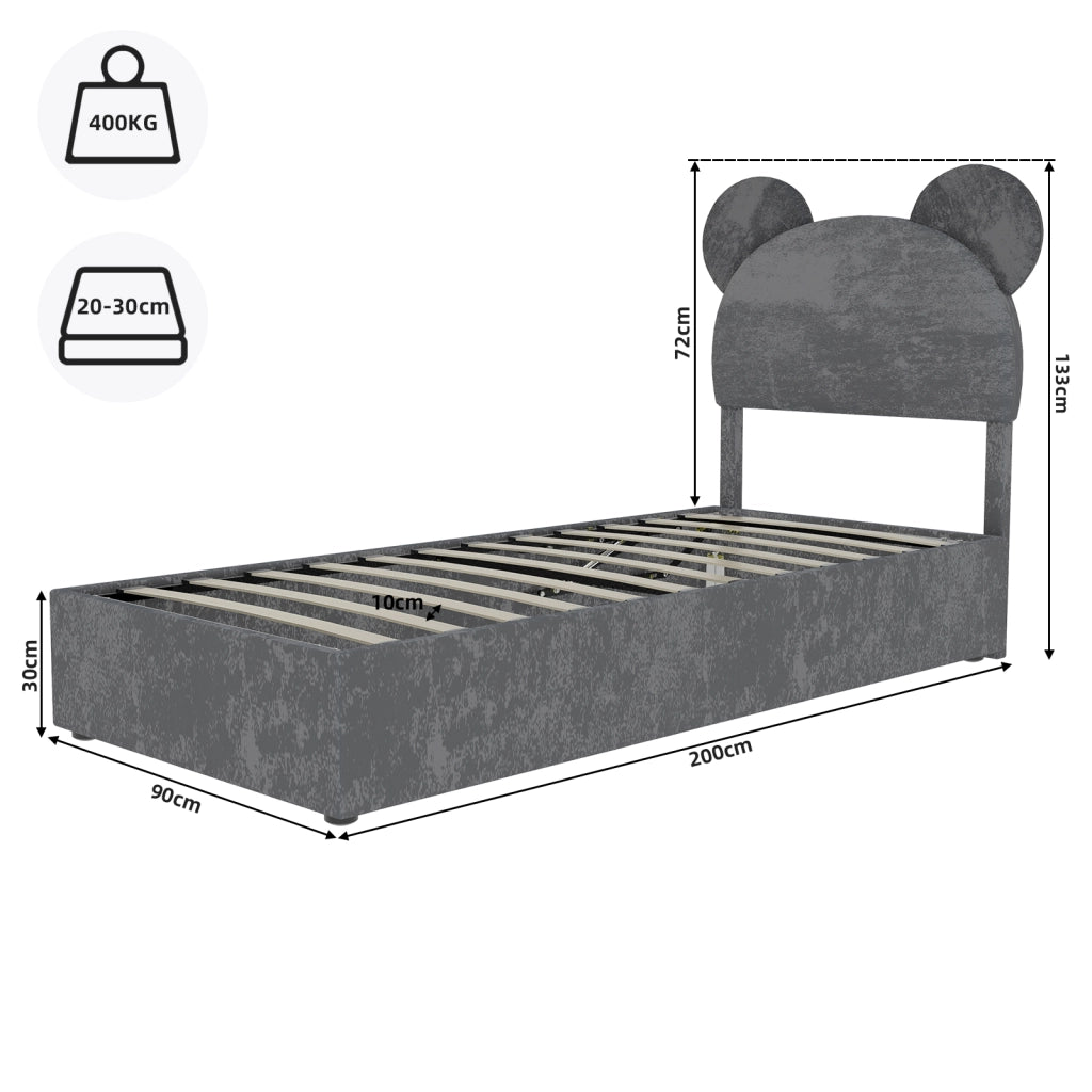 Letto Singolo 90x200 cm con Testiera Sagomata; Contenitore a Sollevamento; Grigio
