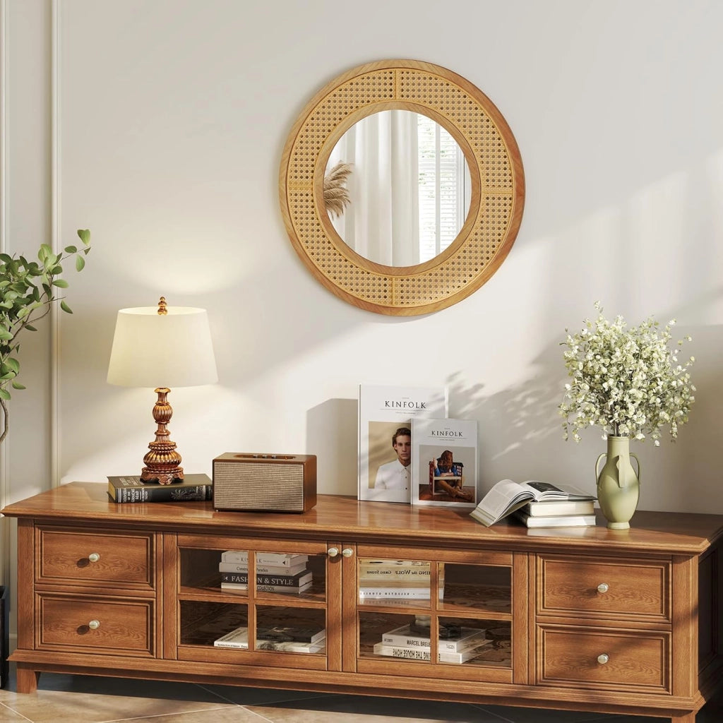 Specchio da Parete Rotondo 40 cm, Specchio con Cornice in Rattan con Vetro in Alluminio, Gancio Metallico, Specchio Decorativo per Soggiorno Camera da Letto Ingresso (Rotondo 40 cm)
