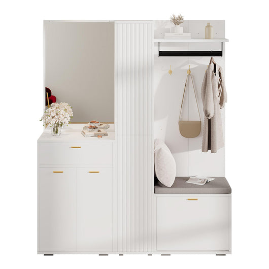 Armadio ingresso con specchio - Xylo - 150x36x180 cm - Bianco - Panca, appendiabiti, scarpiere