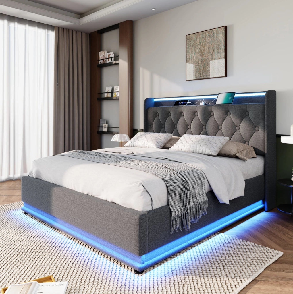 Letto matrimoniale 160x200 cm in lino grigio con LED; contenitore idraulico e ricarica USB Type-C
