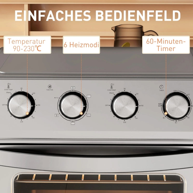 Mini forno con convezione, friggitrice ad aria, 6 modalit¨¤ di riscaldamento, timer, accessori, 24 litri, argento.