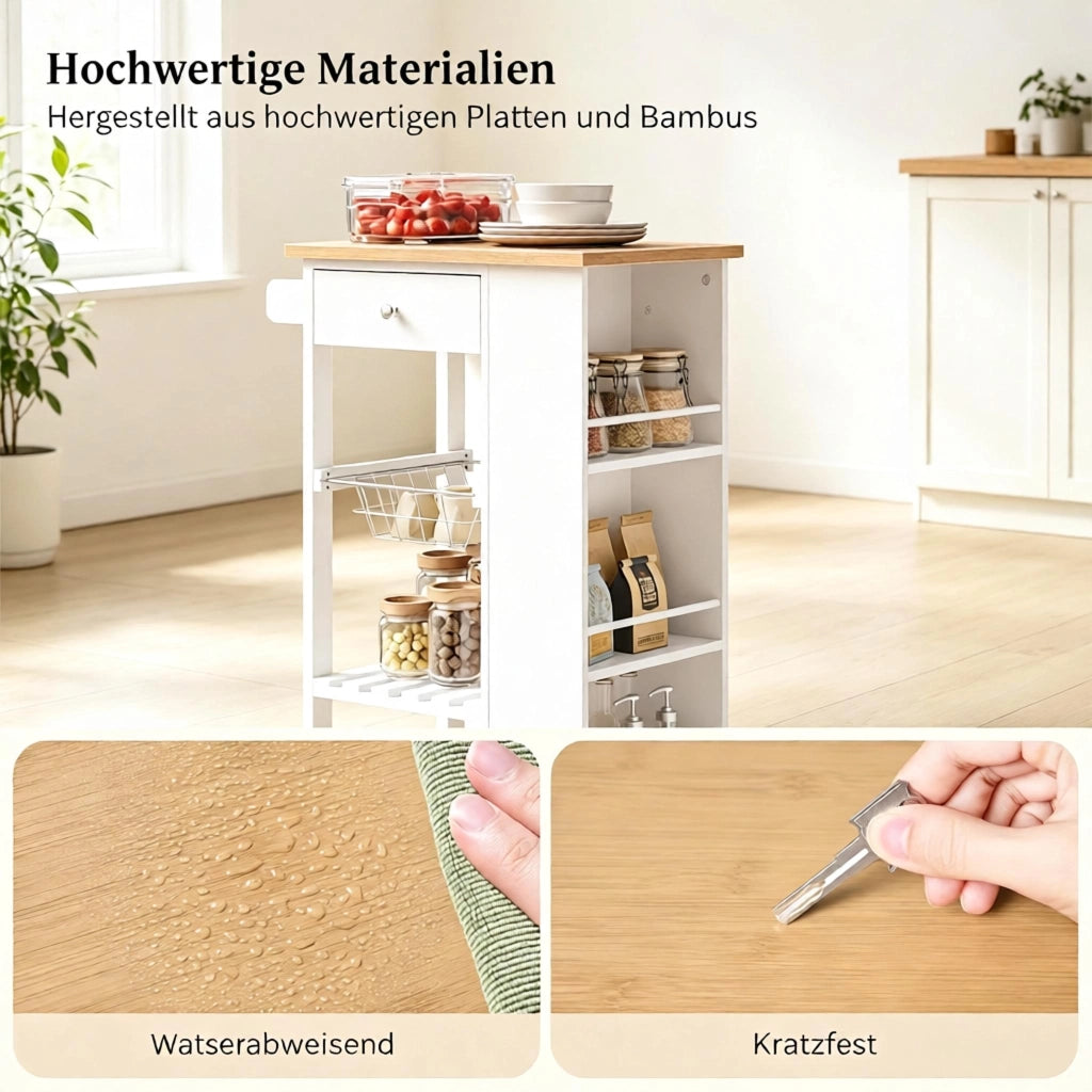 CARRELLO DA CUCINA 56,5x37x87 cm Bambù e MDF Bianco