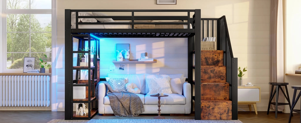 DESMIU Letto a soppalco Letto singolo 90 × 200 cm 1 posto con LED, ripiani e gradini contenitore, senza materasso