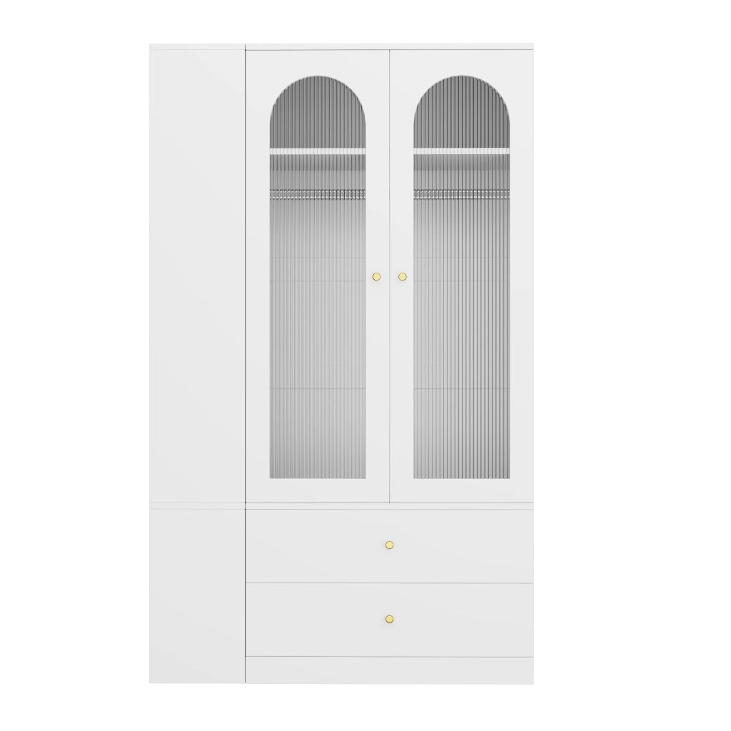 Armadio 120x50x200 cm con 4 cassetti e 2 ante in vetro MDF bianco