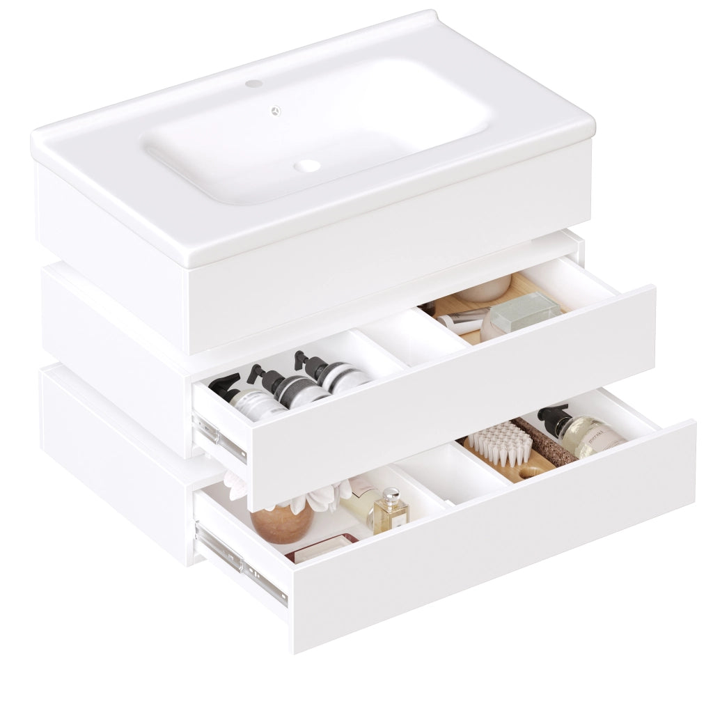 Mobile Bagno Sospeso con LED ¨C MINIMAL ¨C Bianco, Sottolavabo in Ceramica, Cassetti Soft-Close