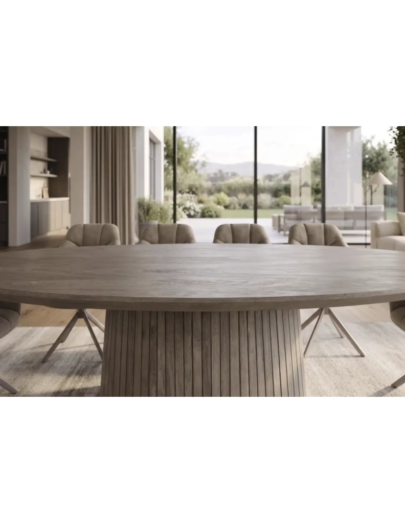 Tavolo da pranzo ovale ORINO 220 cm in legno massello di mango grigio con piede centrale scanalato – 10 posti