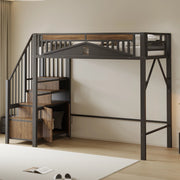 Letto a soppalco 90x200 cm in metallo e legno con scala contenitore; armadietto e barriera nera
