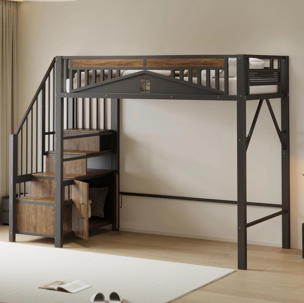 Letto a soppalco 90x200 cm in metallo e legno con scala contenitore; armadietto e barriera nera