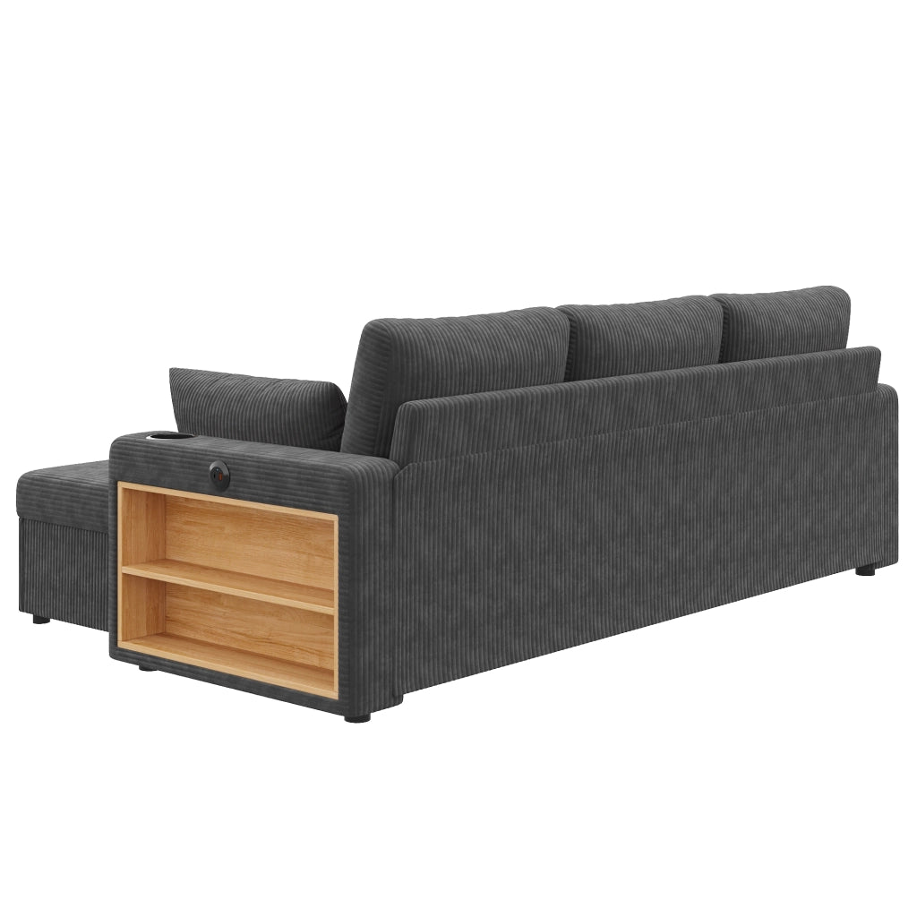 DIVANO Modulare U/L 190x130x85 cm Grigio in tessuto corduroy con 2 pouf contenitore