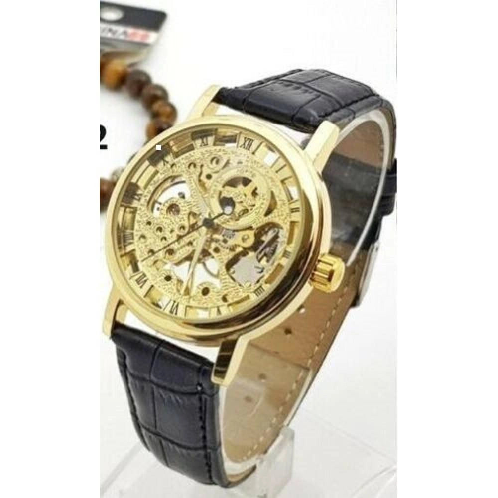 Trade Shop - Orologio Polso Zcc Uomo Automatico Cinturino Pelle Casual Nero Quadrante Dorato -