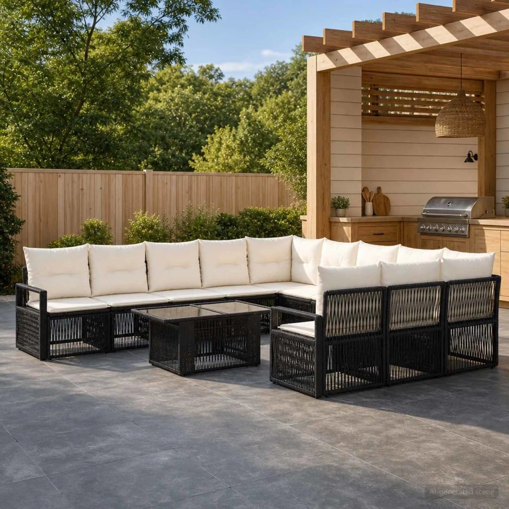 Set Divano da Giardino 12 pz Nero e Bianco Crema polyrattan 3437161