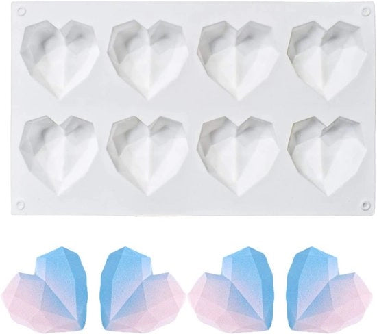 Piastra di cottura a forma di diamante a 8 celle in silicone per torte, mousse e dessert 3D a forma di cuore, idonea per dolci, fudge, gelato, cioccolato, cupcake, cheesecake e gel.