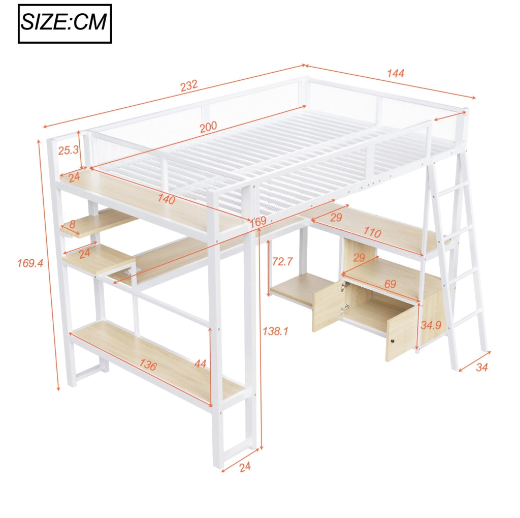Letto a soppalco 140x200 cm con scrivania; LED e portaoggetti in MDF e metallo bianco