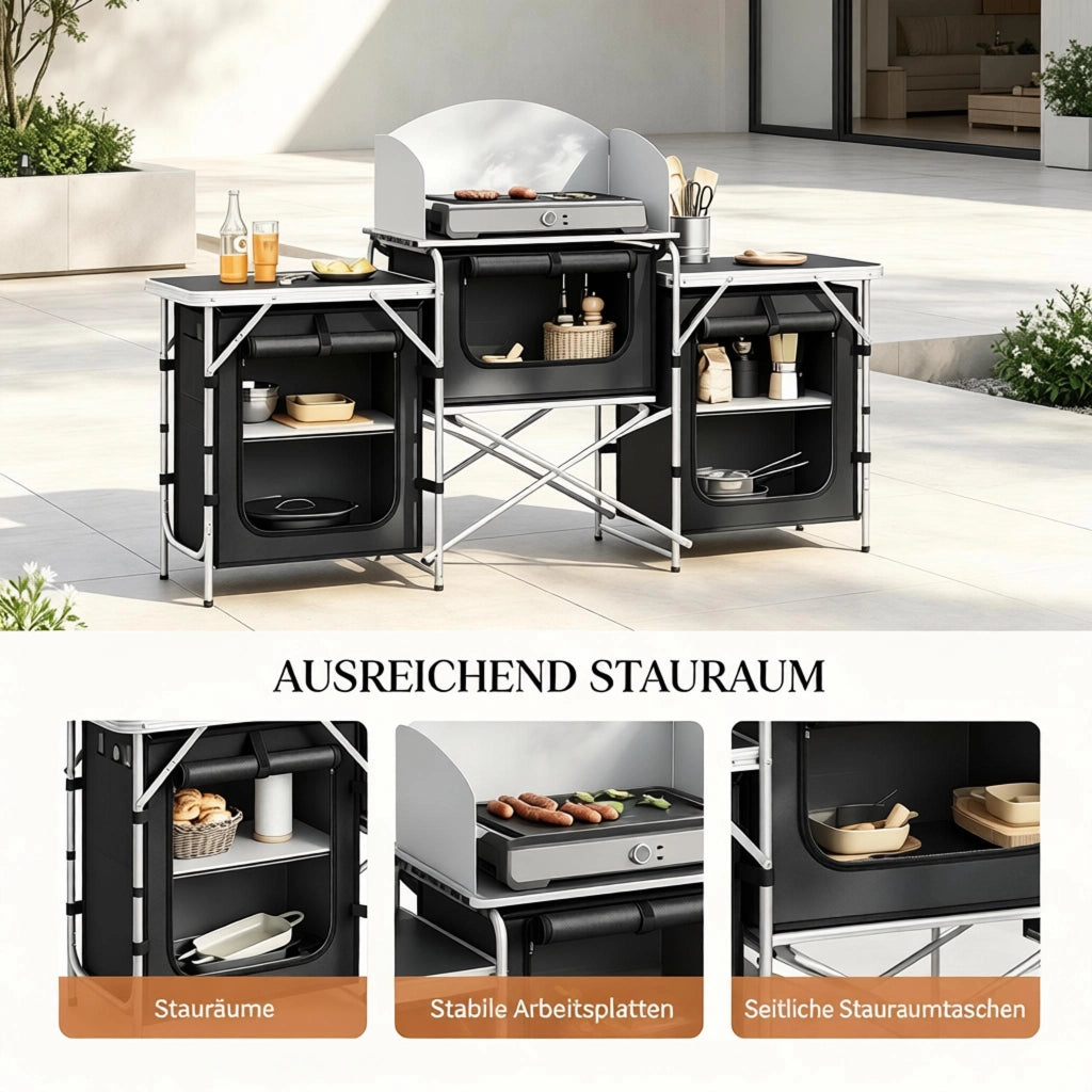 CUCINA DA CAMPEGGIO Pieghevole 174x48x112 cm Nero in Alluminio e MDF