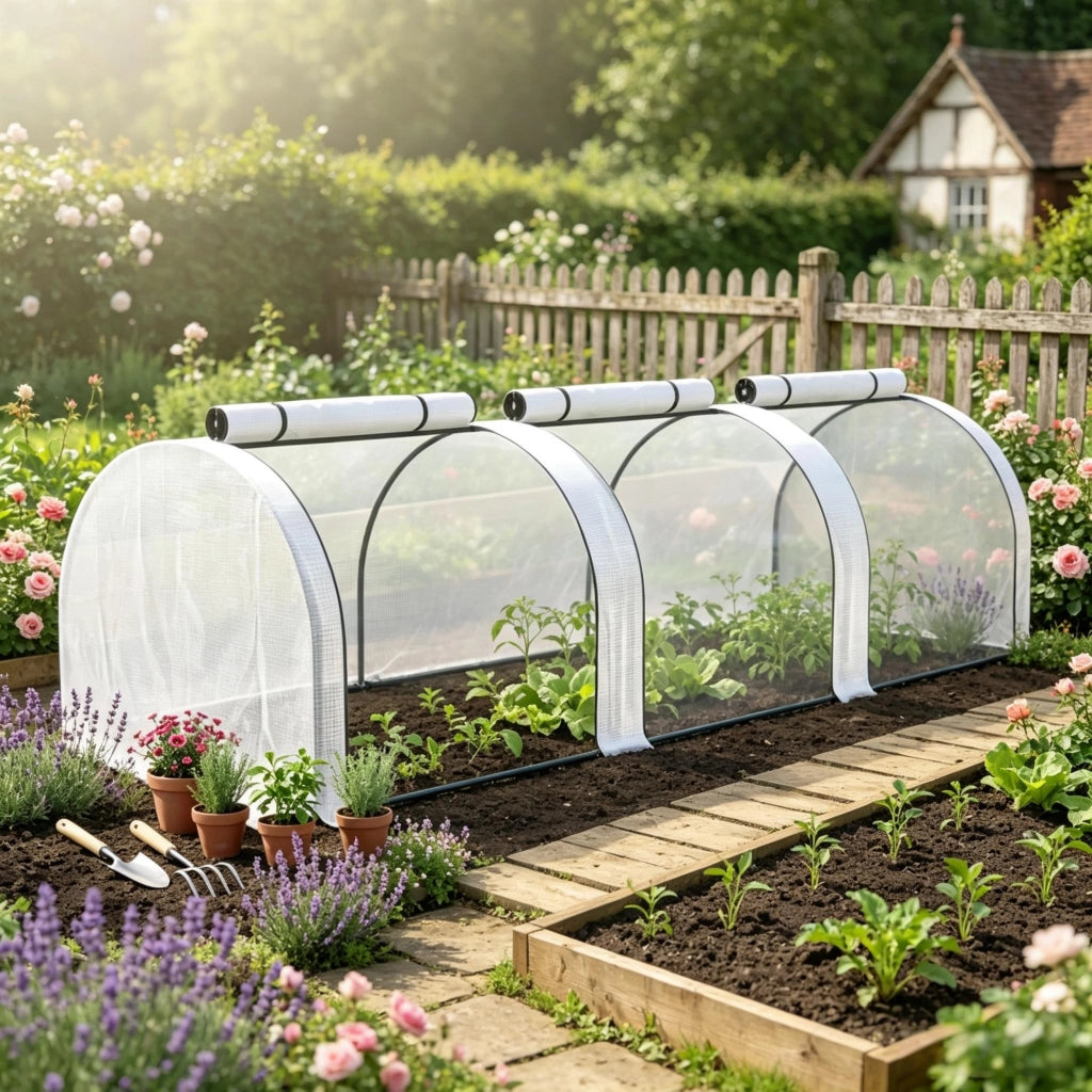 Serra a tunnel con 3 porte con cerniera protezione UV per ortaggi in acciaio e PE bianco 295 × 100 × 80 cm
