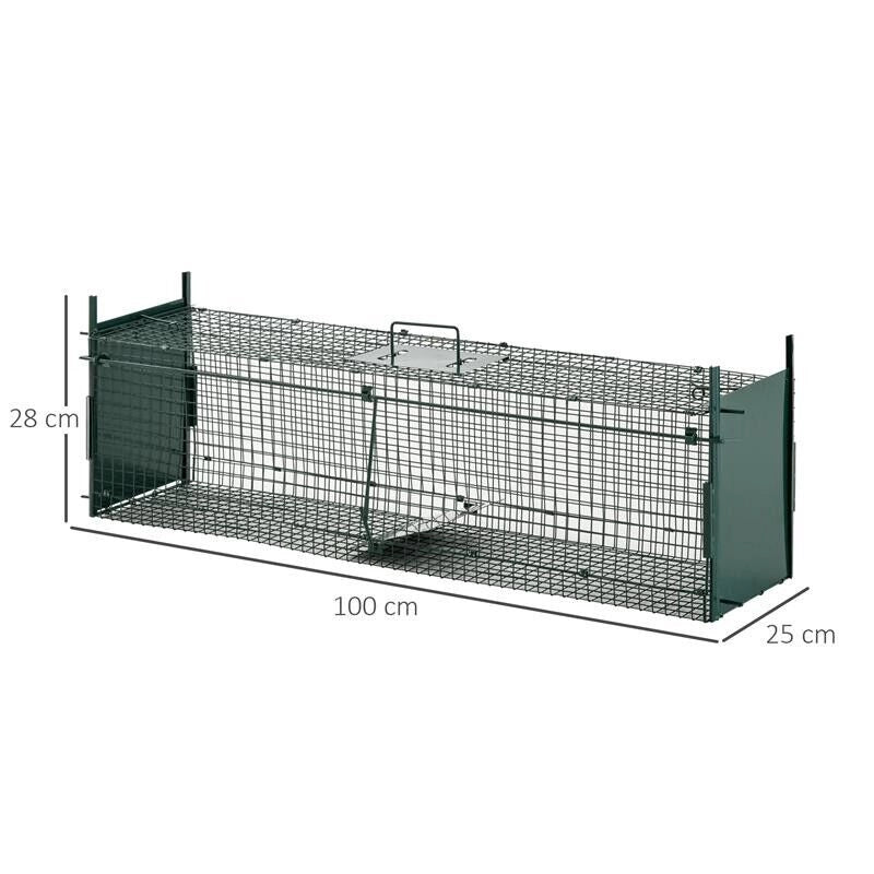 GABBIA TRAPPOLA PER ANIMALI VIVI CON DOPPIA PORTA 100X25X28CM VERDE SCURO