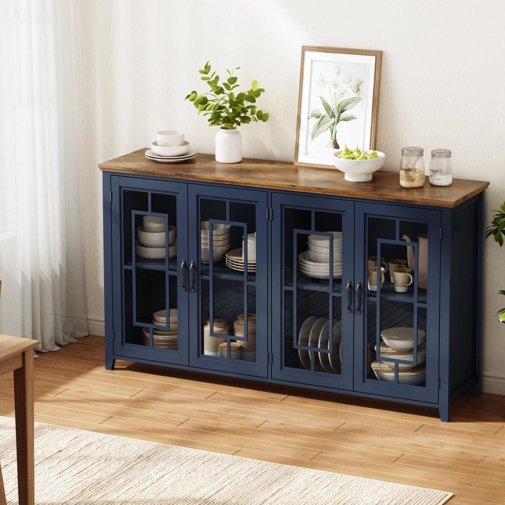 Credenza da cucina 160 cm con ante in vetro, ripiani interni e piano effetto legno, blu