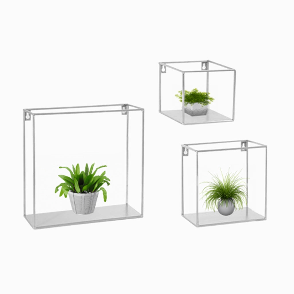SET 3 MENSOLE DA PARETE PORTA PIANTA IN METALLO QUADRATE 30/20/15 CM BIANCHE