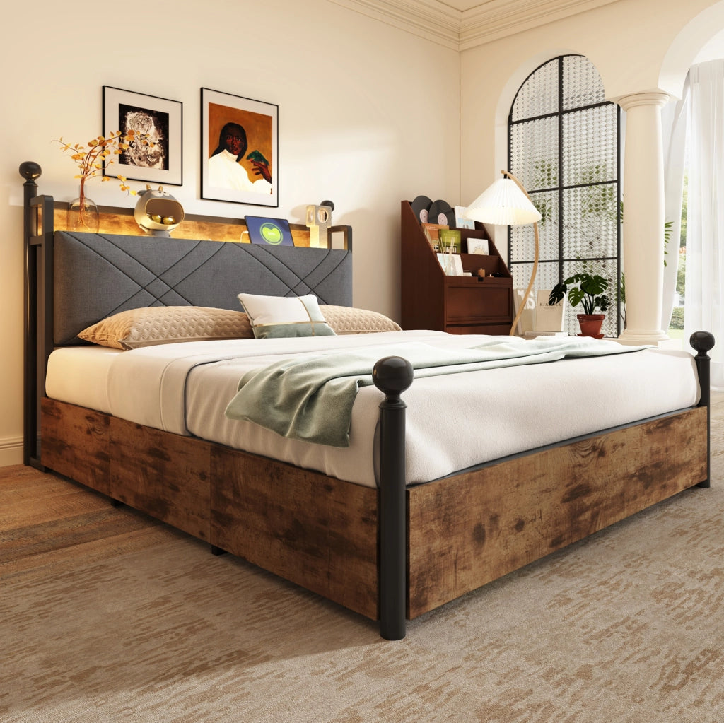 Letto a baldacchino 140x190 cm con LED; prese USB/Type-C e contenitore in metallo e legno nero