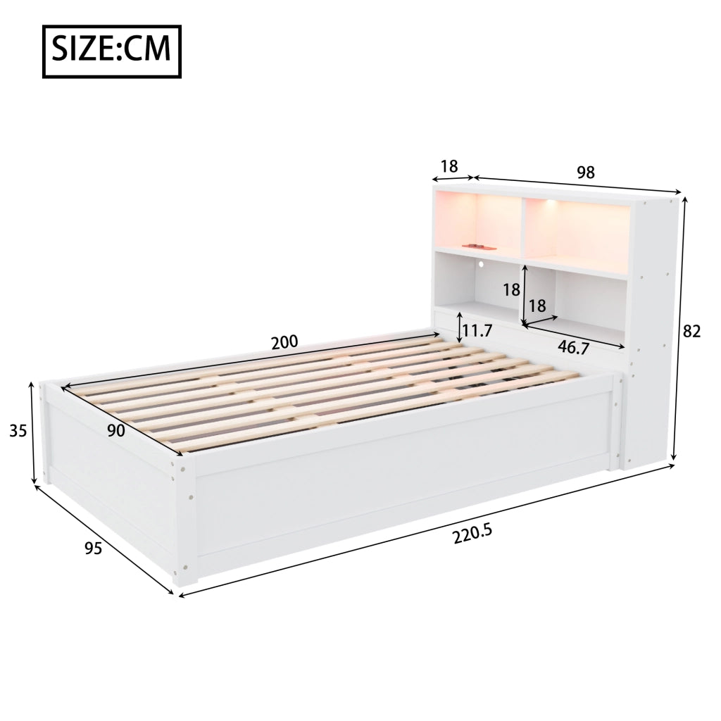 Letto Singolo Multifunzione con Contenitore, LED e Prese ¨C MINIMAL ¨C Legno Massello Bianco 90x200