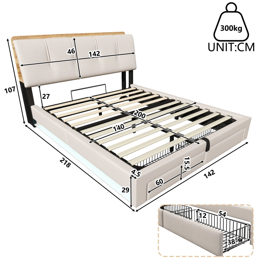 Letto imbottito 140x200 cm con contenitore, LED, USB e USB-C in lino beige HAVRYA