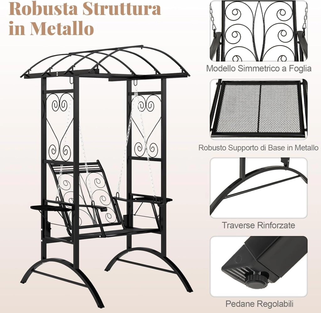 Sedia Sospesa da Esterno, Sedia a Dondolo Singola con Cuscini Removibili e Tavolini Laterali, Portata 160 kg, Altalena con Supporto e 2 Grigliati per Adulti per Giardino, Balcone e Cortile