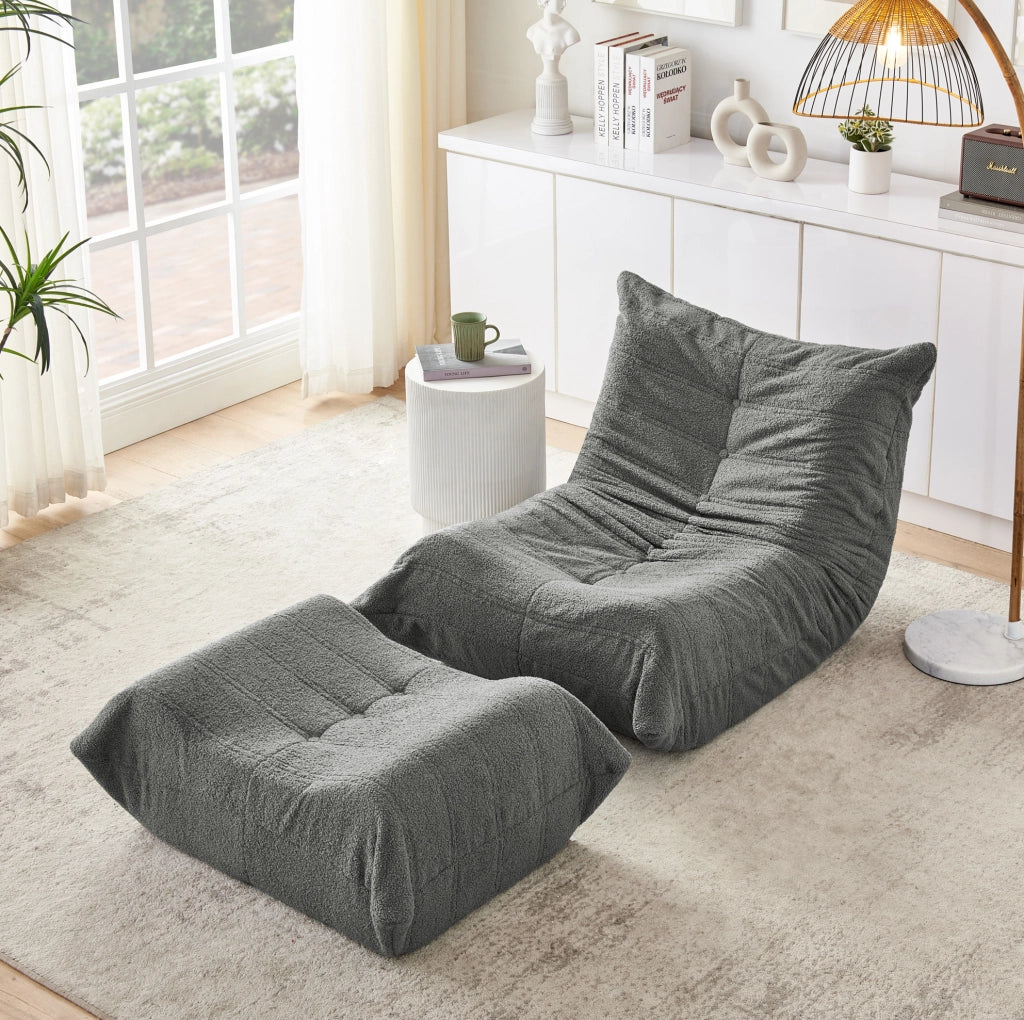 Poltrona relax da pavimento con pouf in teddy grigio