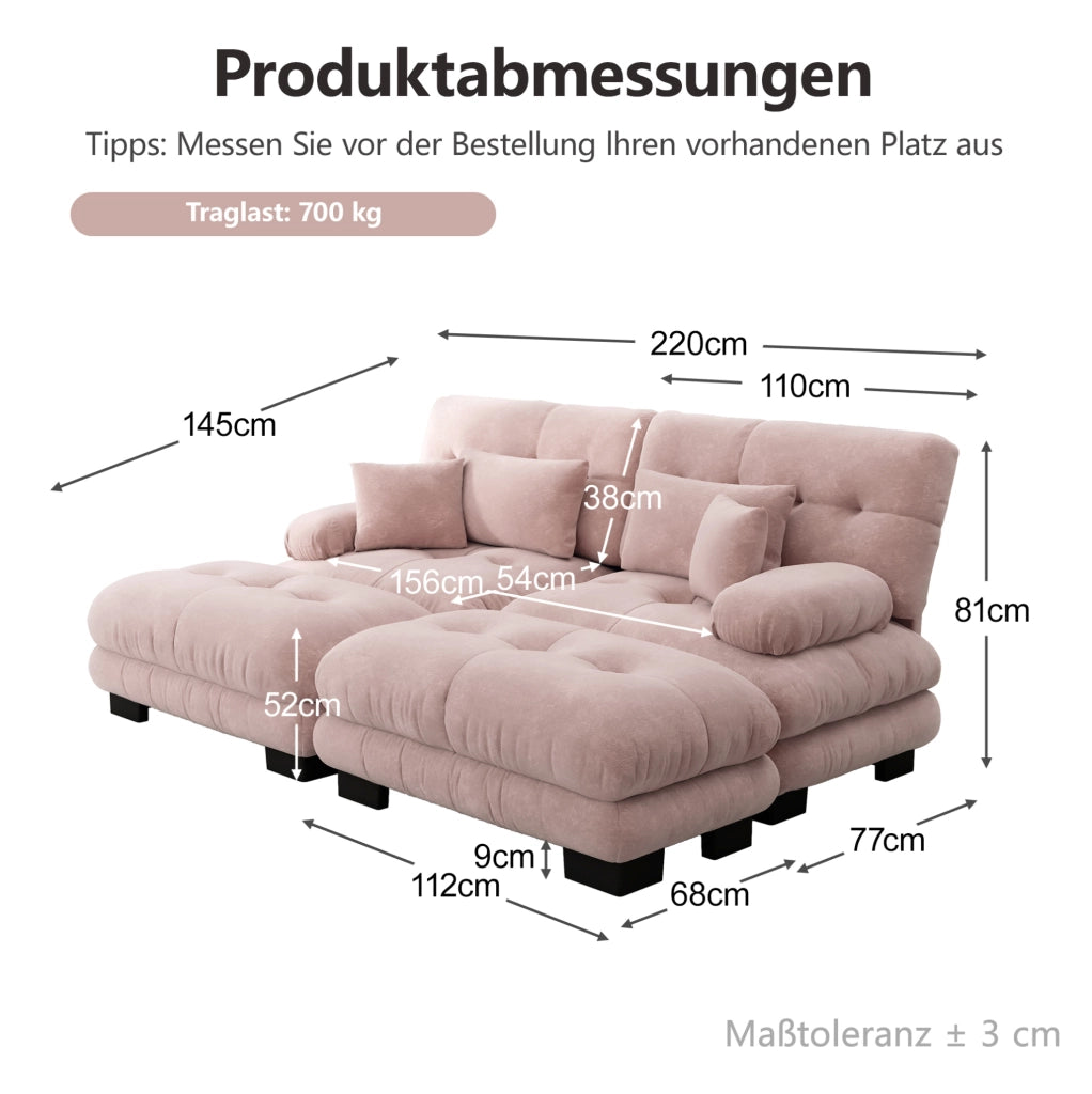 Divano modulare in chenille rosa con 2 pouf; 2 cuscini lombari e 2 cuscini decorativi