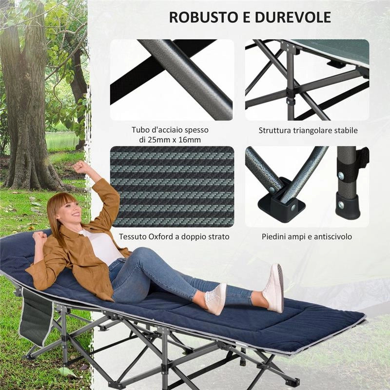 LETTINO PIEGHEVOLE DA CAMPEGGIO PER ADULTI CON CUSCINO188 X 64.5 X 53 CM BLU