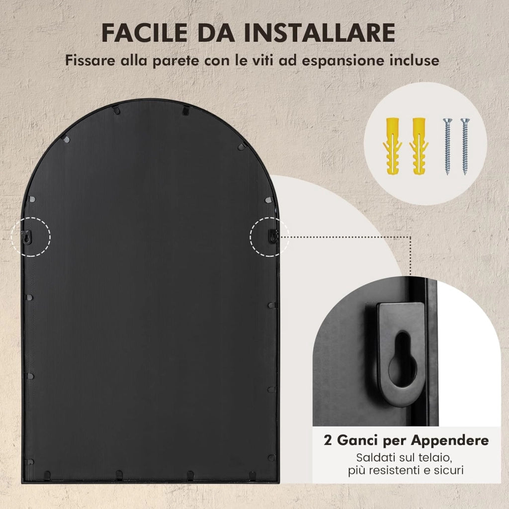 Specchio Ad Arco, Specchio da Parete 58 x 87cm con Cornice in Metallo, Specchio Decorativo a Finestra per Soggiorno Ingresso Camera da Letto e Bagno