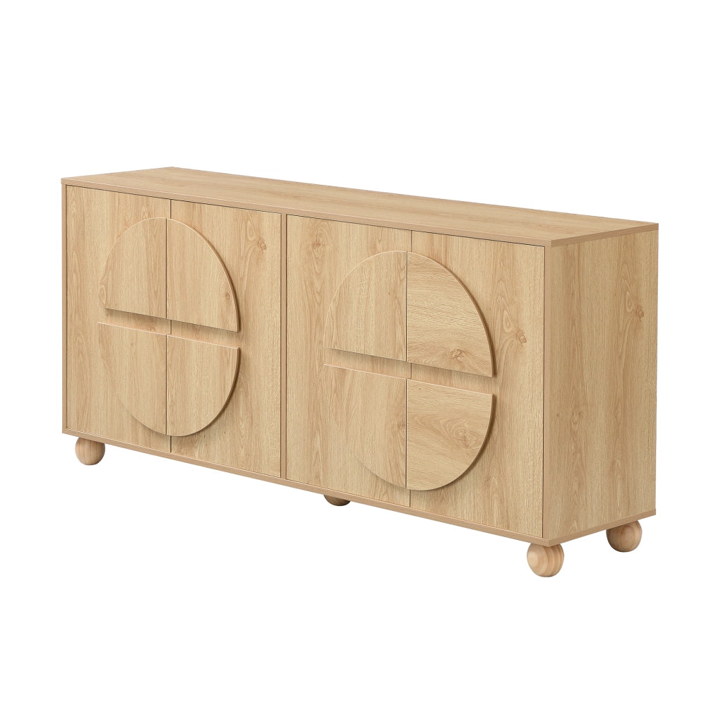 Sideboard a 4 ante con rilievo circolare; 160x38x76 cm; in MDF e pino; naturale