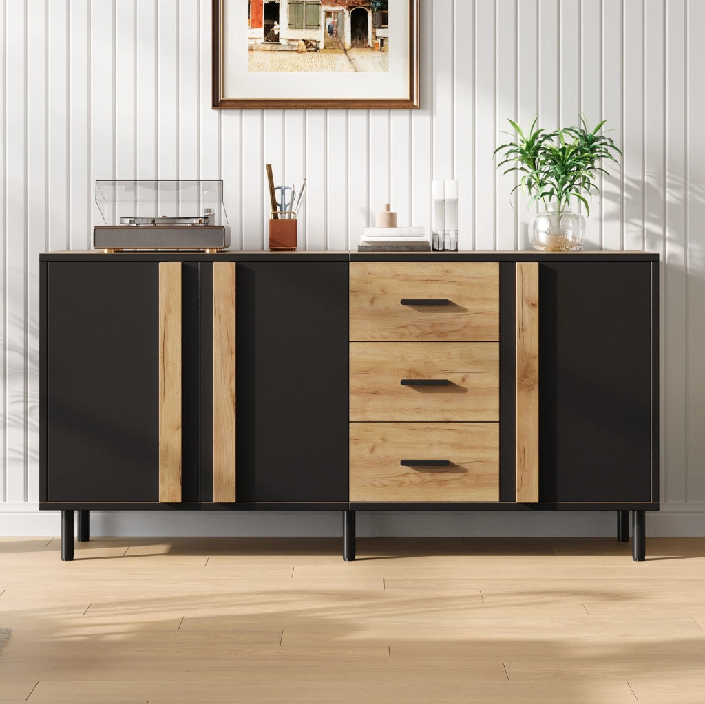 Credenza in MDF 140x35x70 cm con 3 ante; 3 cassetti e 6 gambe in metallo; nera