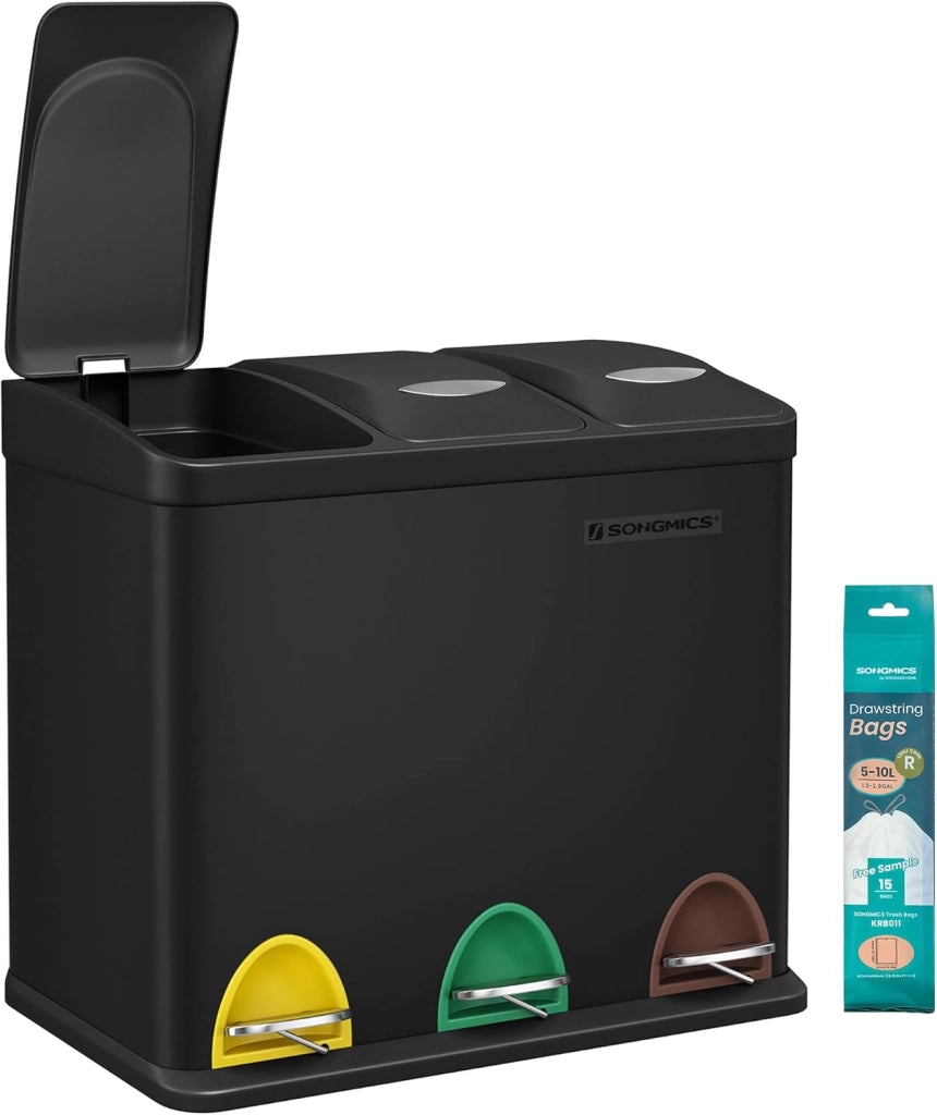 SONGMICS Cestino per Rifiuti da Cucina, 3 x 8 L Pattumiera Differenziata Piccolo Volume, Cestino Triplo in Acciaio, Pedali e Secchi Interni, Facile da Pulire, Argento e Nero LTB24L