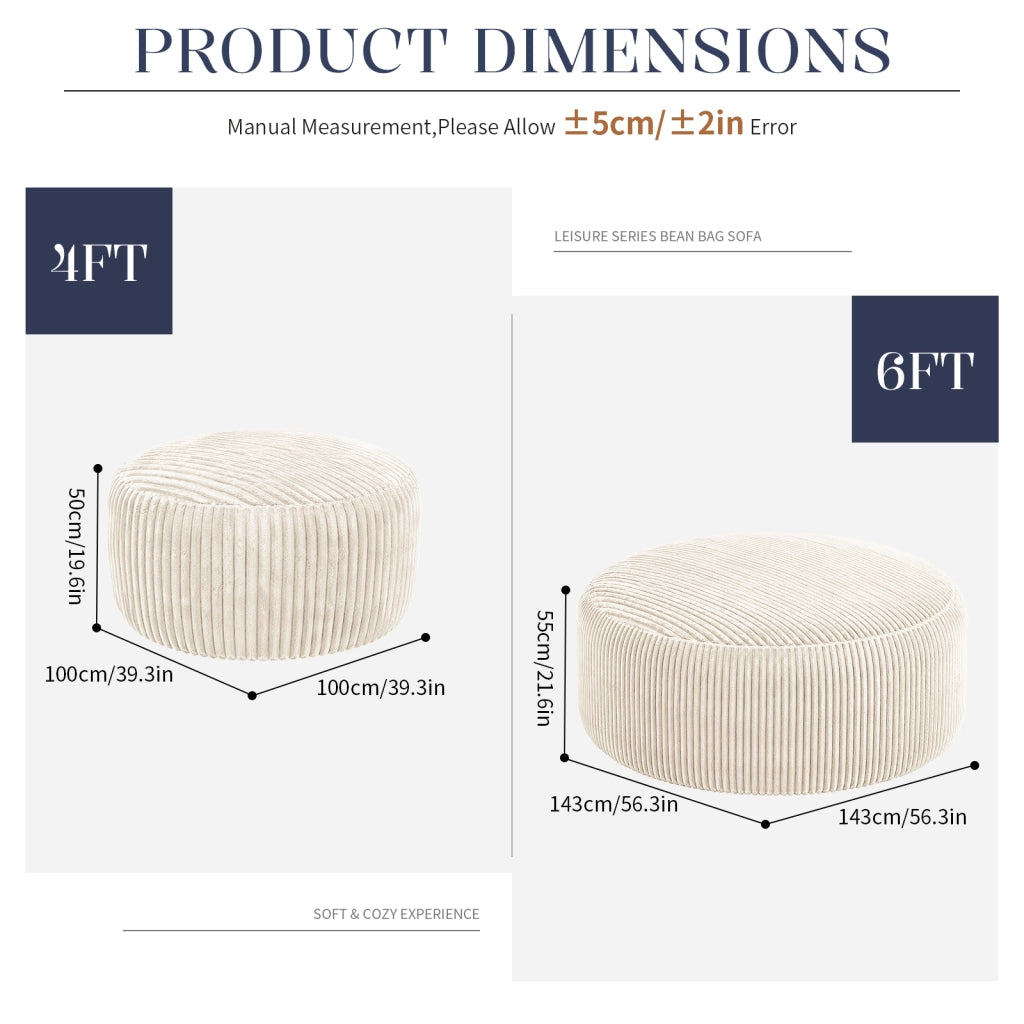 Fauteuil pouf rotondo con imbottitura in memory foam granulare e fodera in velluto a coste bianco