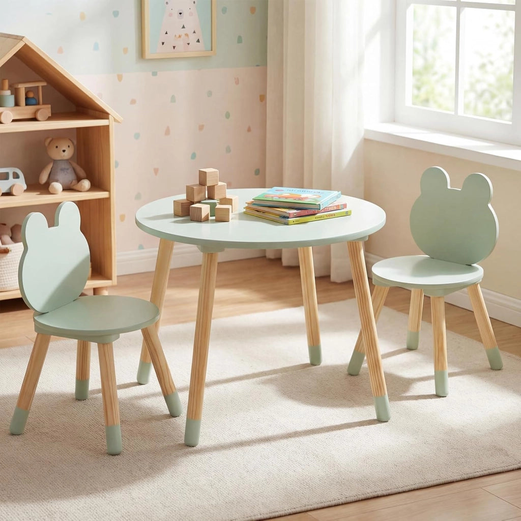 Set Tavolo e Sedie per Bambini, Tavolino e 2 Sedie a Forma di Rana con Gambe in Legno e Angoli Arrotondati, Set Mobili Salvaspazio per Bambini 3+ Anni per Cameretta Ragazzi (Verde)