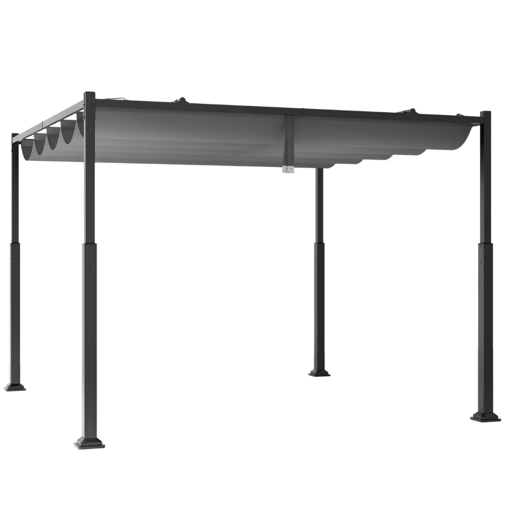 Pergola da esterno con tenda da sole retrattile 310 x 310 x 225 cm resistente e antivento stile moderno metallo grigio e nero 20_0013098