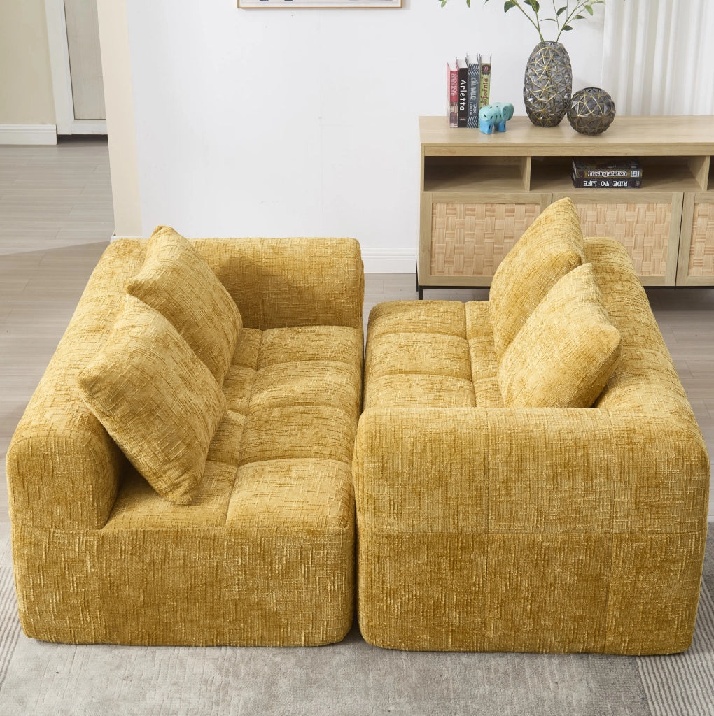 Divano chaise longue in ciniglia giallo con tasche laterali