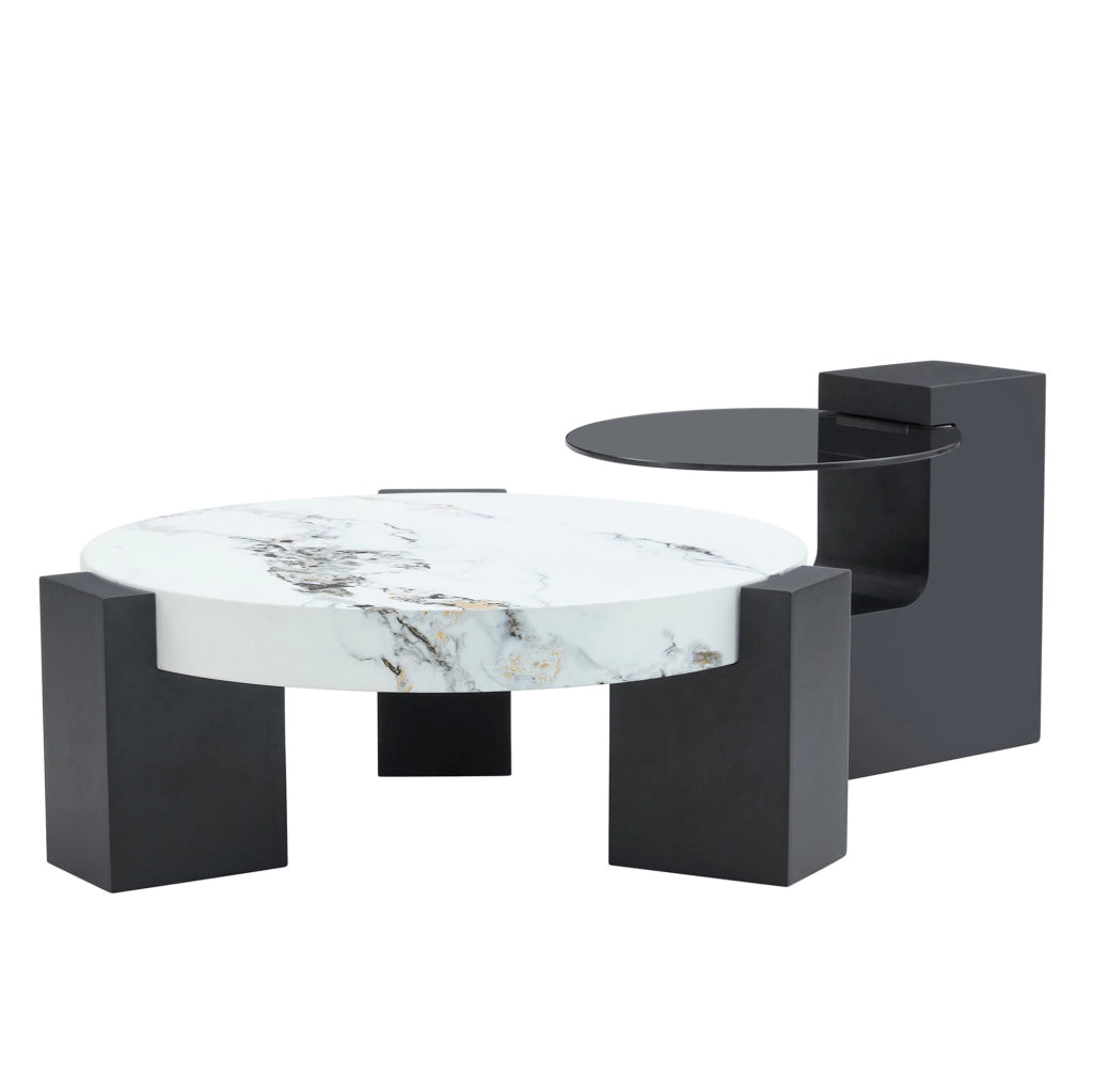 Set di 2 tavolini rotondi 61 e 44 cm in MDF e vetro bianco e nero