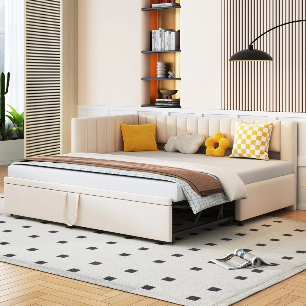 Divano letto a L estraibile in velluto beige 90 x 200 cm