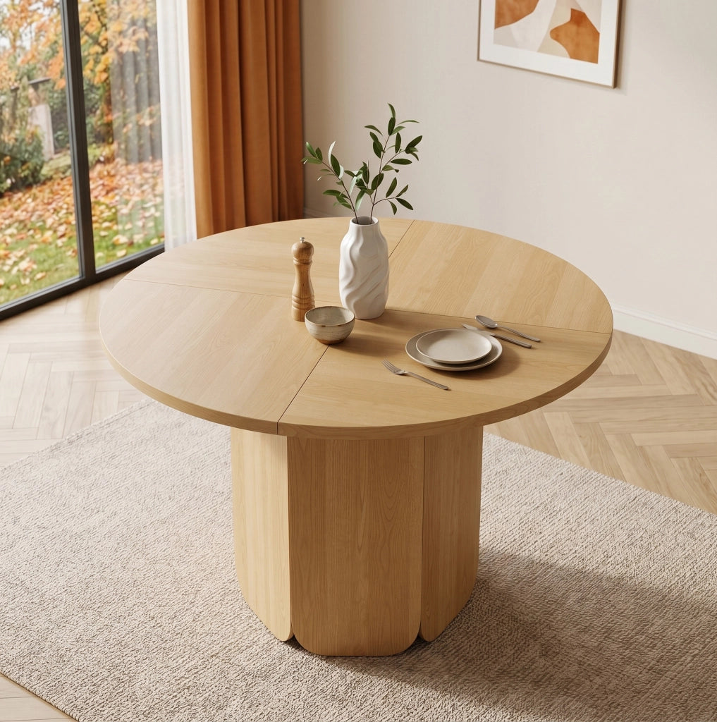 Tavolo da pranzo rotondo 120 cm in MDF colore rovere; stile nordico per 4-6 persone